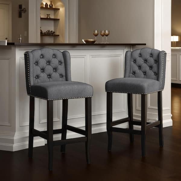 Benjara Seliva Charcoal Gray and Brown Wood Frame Barstool Chair with Cushion (Set of 2)