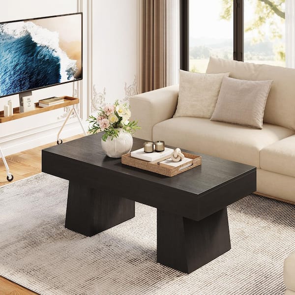 Kerlin 47 in. Black Rectangle Engineered Wood Coffee Table with Thick Base, Modern Accent Center Tables for Living Room