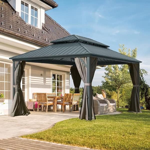 Daheat Benja 14 ft. x 10 ft. Aluminum Hardtop Gazebo in Gray with Double Galvanized Steel Roofs and Mosquito Net