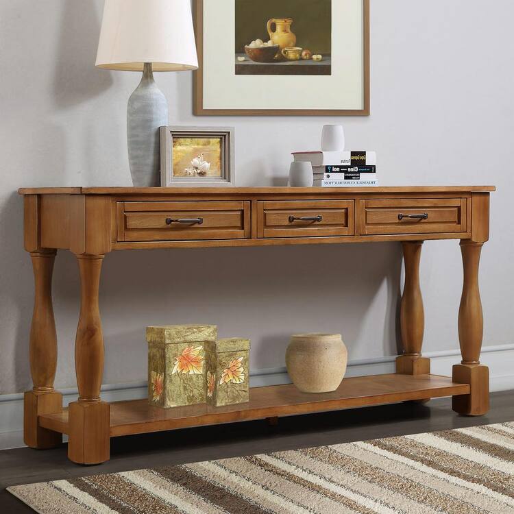 Zeus & Ruta 63 in. x 14 in. x 30 in. Wood Console Table in Brown with 3 Drawers and 1 Bottom Shelf for Entryway Hallway