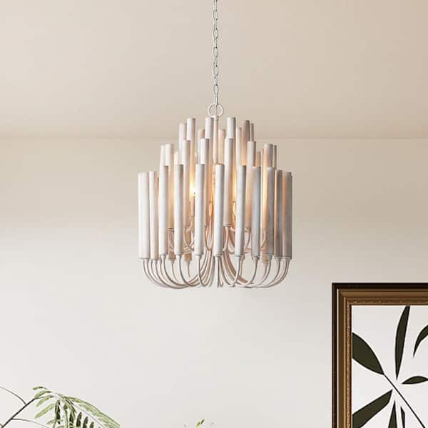 20" 5-Light Antique White Chandelier Lighting Fixture for Kitchen Island with 5 Tiers of Wooden Shade