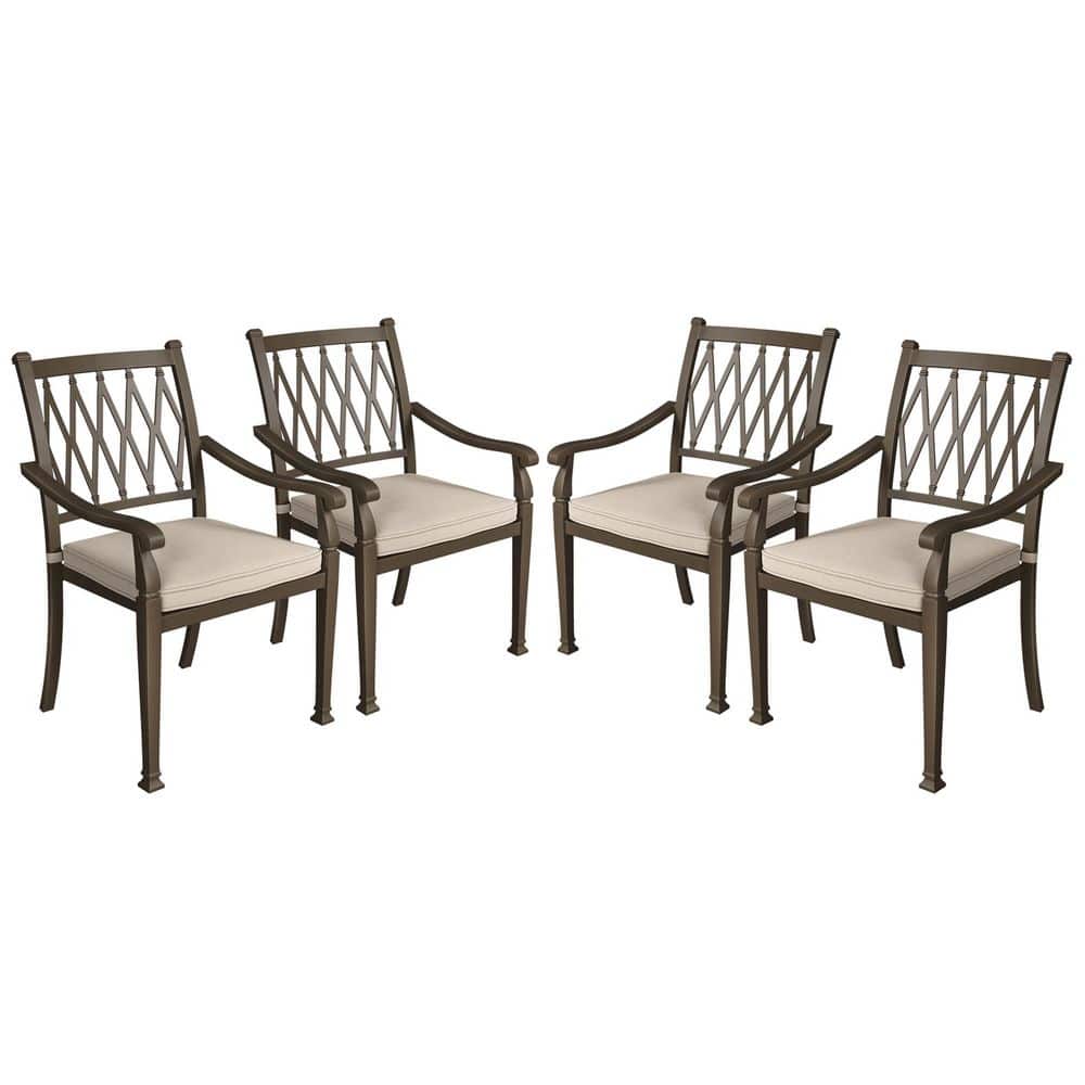 Beige Cushioned Cast Aluminum Outdoor Dining Chairs, Set of 4
