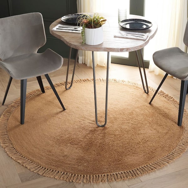 Easy Care 3 ft. x 3 ft. Light Brown Modern Solid Fringe Round Area Rug