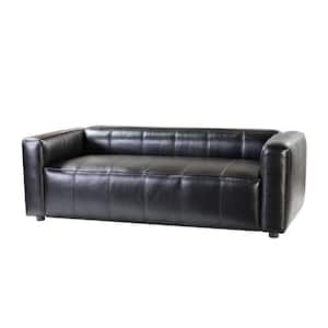 Emilio Comfy 80 in. Black Square Arm Genuine Leather Rectangle Sofa with Wooden Base