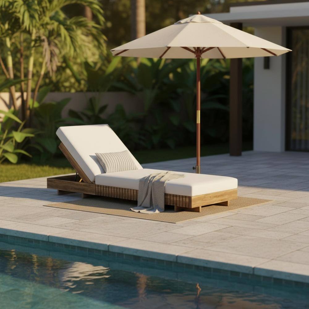 Brown Acacia Wood Outdoor Lounge Chair with 2-Fold Beige Cushions