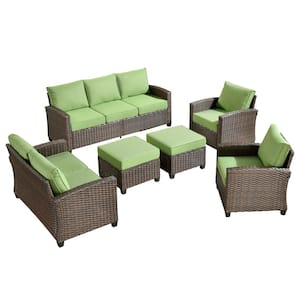 Solidago Brown 6-Piece Wicker Outdoor Patio Conversation Seating Set with Green Cushions