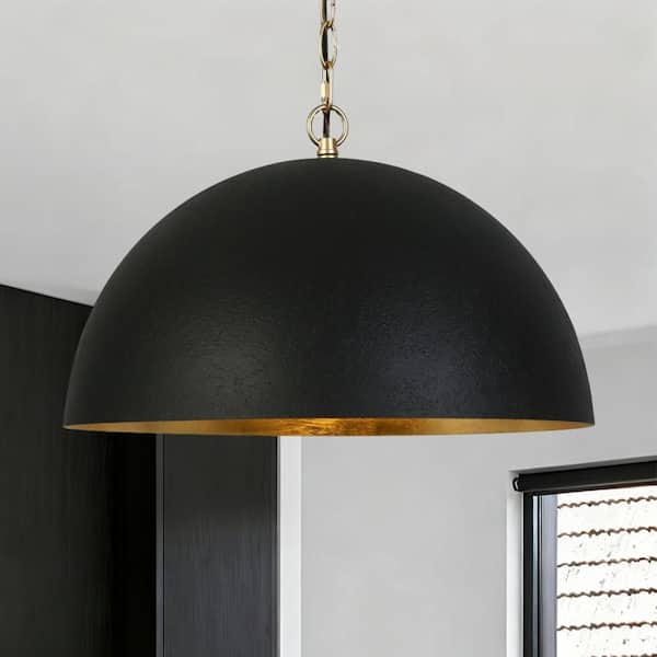 Industrial 17.7 in. W 1-Light Gold Pendant Lamp, Farmhouse Pendant Light with Black Dome Shade for Dining Room, Kitchen