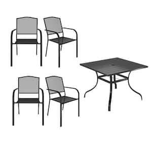5-Piece Black Steel Dining Chair Square Table 28.54 in. H Outdoor Dining Set with Umbrella Hole