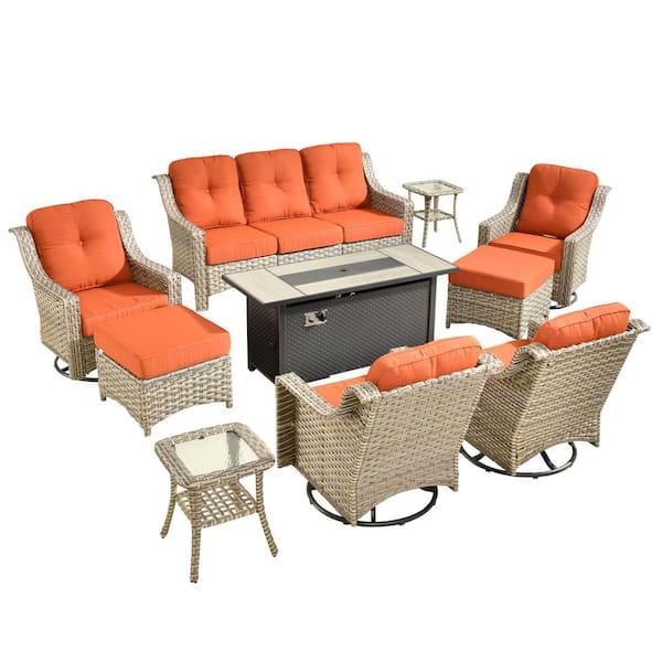 Eureka 10-Piece Wicker Patio Conversation Sofa Swivel Chair Set with Metal Fire Pit Table and Orange Red Cushions