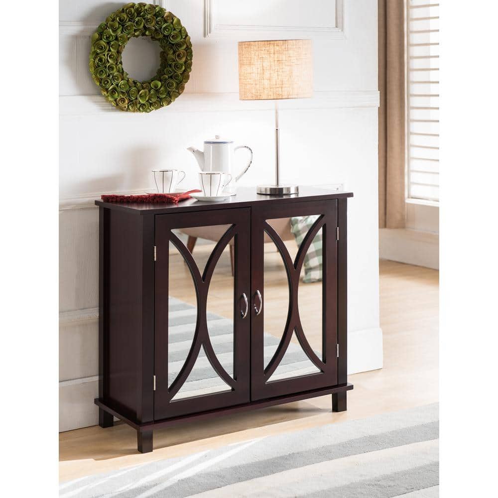 Espresso Wood Demilune Mirrored Storage Cabinet with Adjustable Shelf