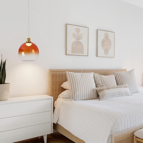 Modern 1-Light Kitchen Island Globe Outdoor Pendant Light Brrushed Gold Chandelier with Red Hand-Blown Glass Shade