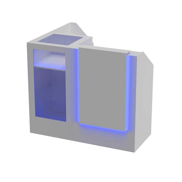 47.2 in. W L-Shape White Wooden Corner Computer Desk, Writing Desk w/ Open Shelves, Glass Display Cabinet and LED Lights