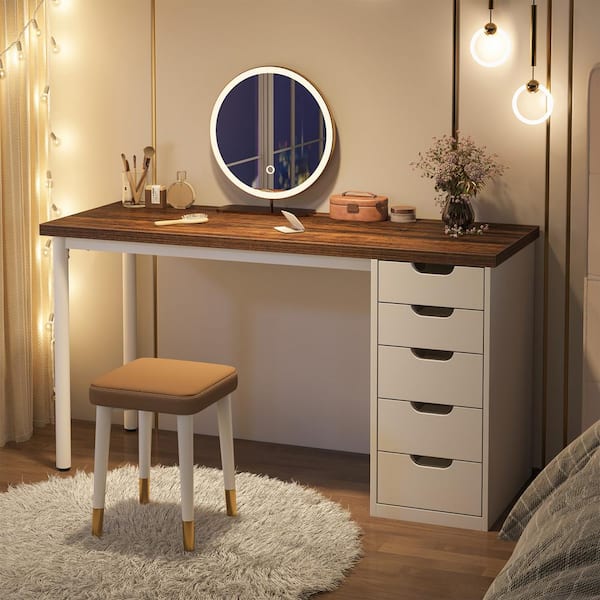 BYBLIGHT Helotes 47 in. Rustic Brown and Black Makeup Vanity Desk with 5-Drawers, Chic Makeup Desk for Women, Girls (Only Desk)