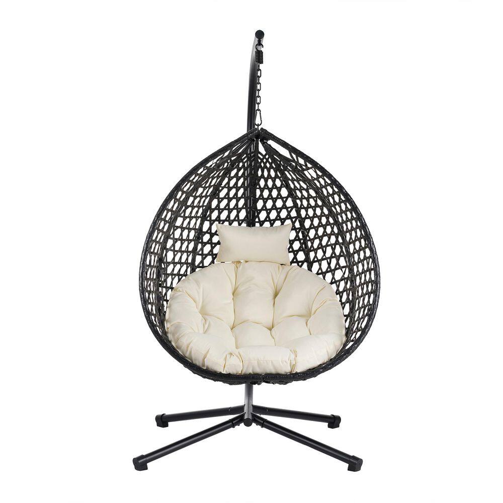 Free Standing Hanging Egg Chair with Stand, Indoor Outdoor Swing Chair with Cushion in Black Beige