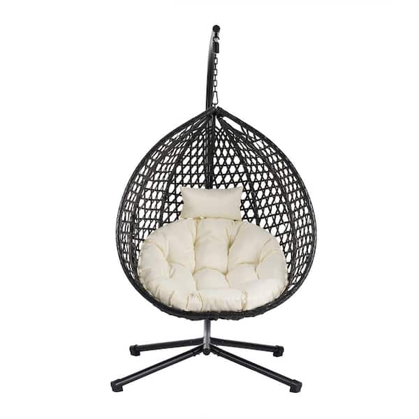 Free Standing Hanging Egg Chair with Stand, Indoor Outdoor Swing Chair with Cushion in Black Beige