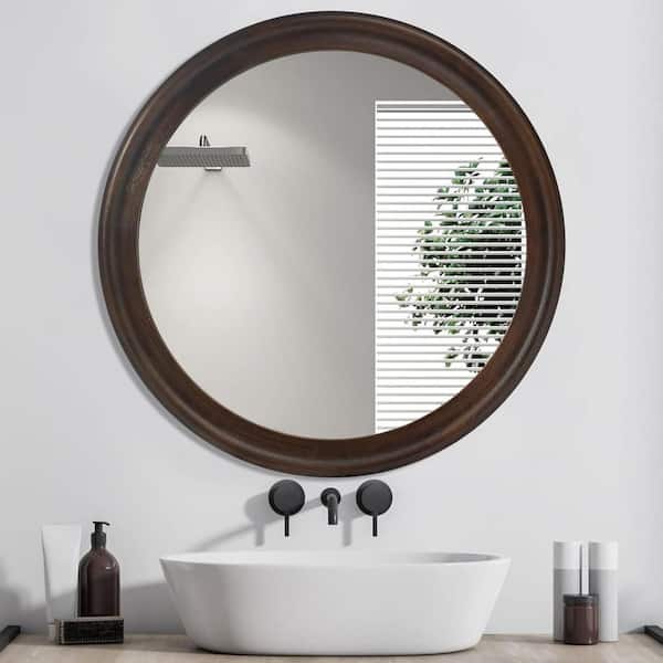 20 in. W x 20 in. H Round Wood Framed Wall Mirror for Bathroom, Entryway Console Lean Against Wall in Dark Brown