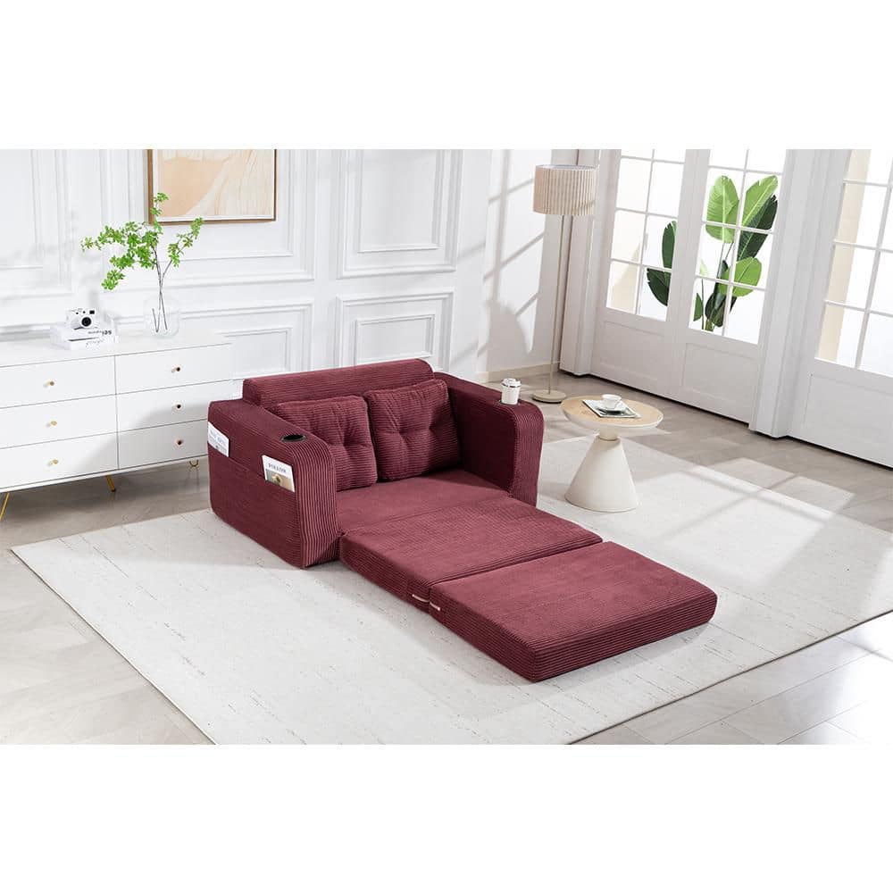 53.5 in. Wine Red Corduroy Twin Size Convertible 2 in 1 Sofa Bed with Cup Holders