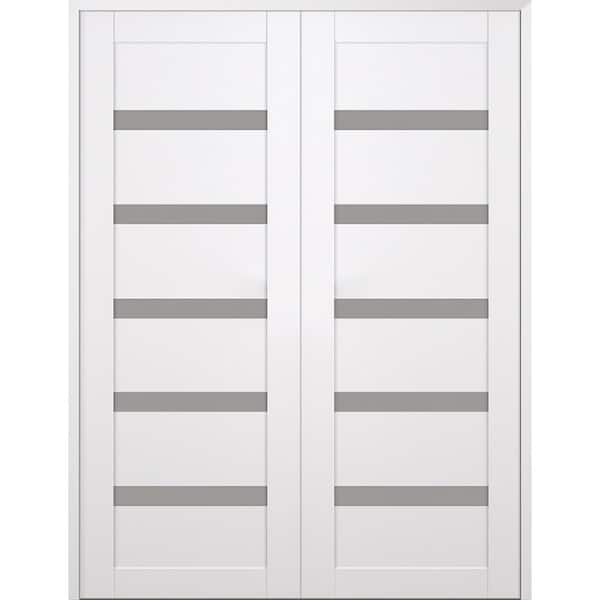 Leora 64 in. x 80 in. Both Active 5-Lite Frosted Glass Snow White Wood Composite Double Prehung Interior Door