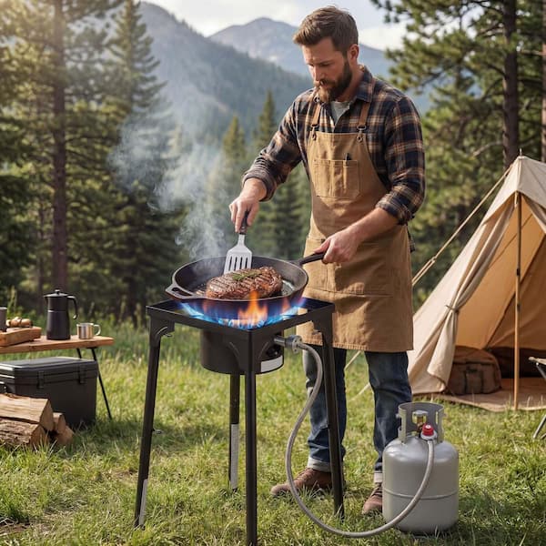 Single Burner Outdoor Propane Gas Stove, 100,000 BTU LPG Camping Cooker, Durable Carbon Steel Design with Stand
