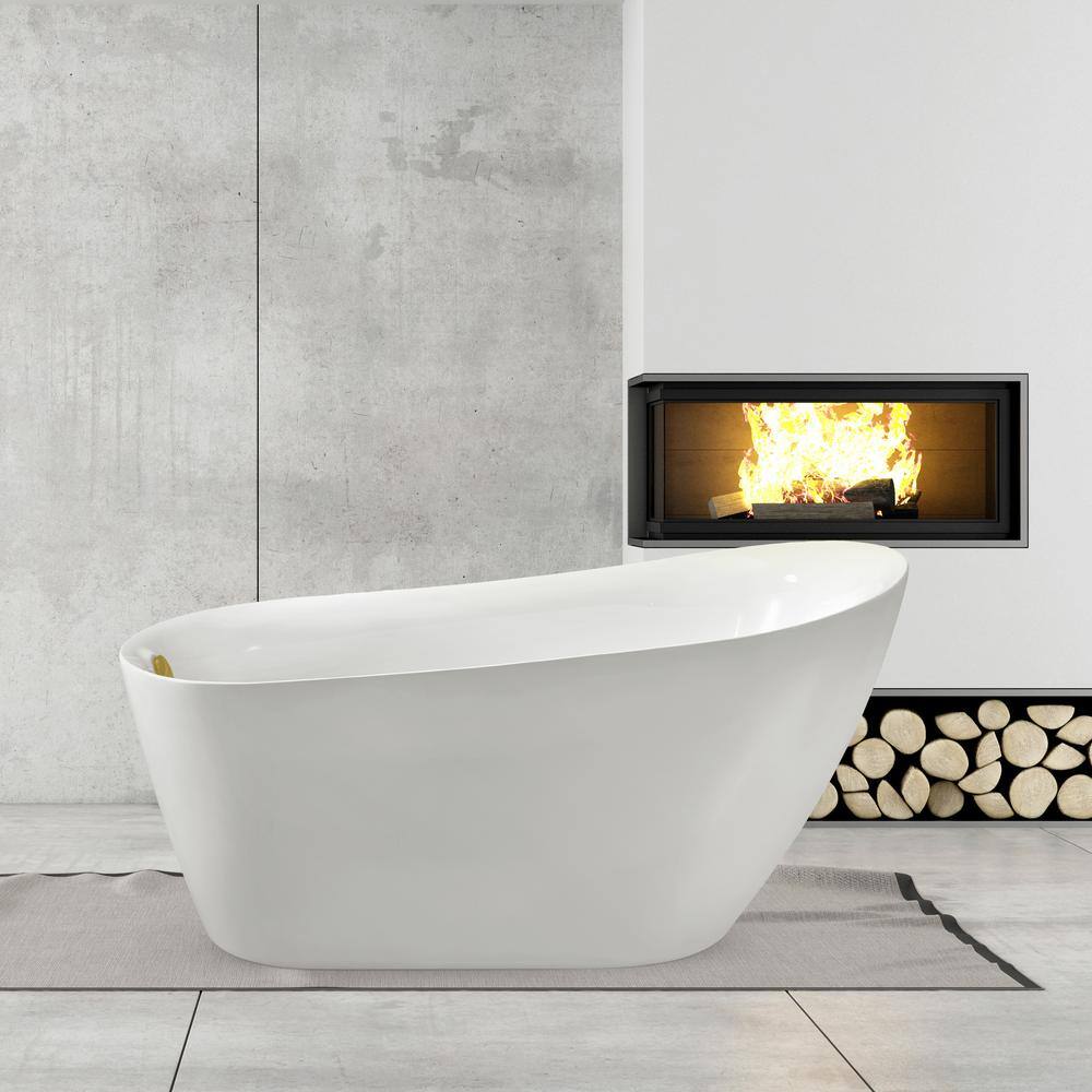 67-Inch Glossy White Acrylic Freestanding Bathtub with Brushed Gold Trim