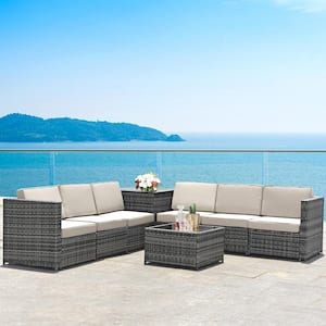 8-Piece Rattan Corner Outdoor Sectional Sofa Patio Conversation Furniture Set with White Cushion