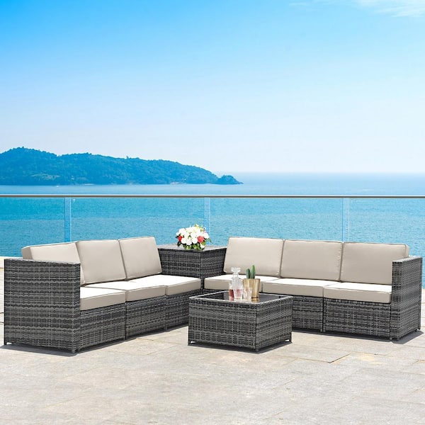 8-Piece Rattan Corner Outdoor Sectional Sofa Patio Conversation Furniture Set with White Cushion