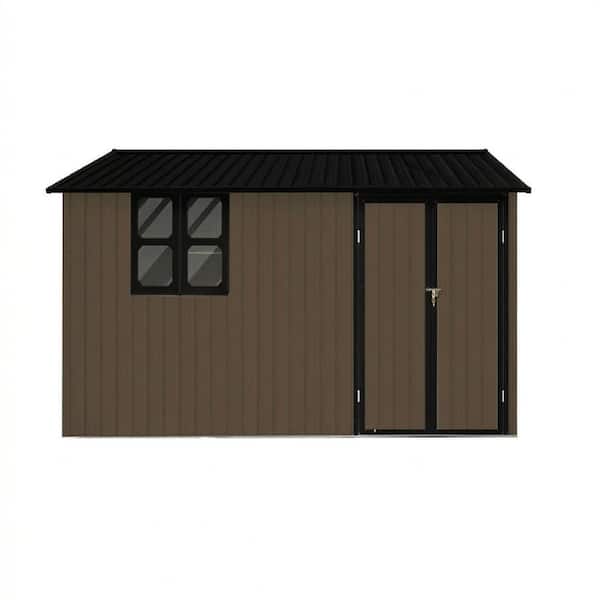 12 ft. W x 10 ft. D Brown Metal Shed with Window, Goods Shelves (120 sq. ft.)
