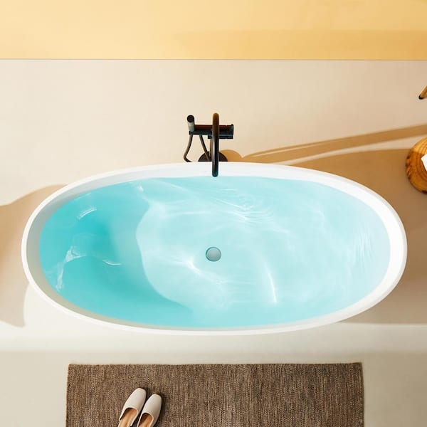 65 in. x 29.5 in. Freestanding Soaking Solid Surface Bathtub with Center Drain in Matte White