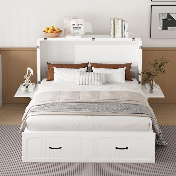 FUFU&GAGA White Wood Frame Full Size Bed Murphy Beds Storage Cabinet With Drawer, 2-Nightstand and Wheels