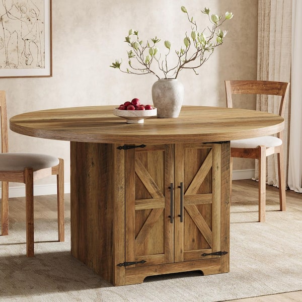 Alan 47 in. Farmhouse Brown Wood Round Pedestal Dining Table with Storage, Circle Dinner Kitchen Table Seats 4