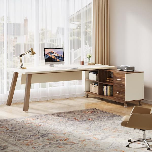 BYBLIGHT Lanita 78.7 in. L-Shaped White Wood 2-Drawer Executive