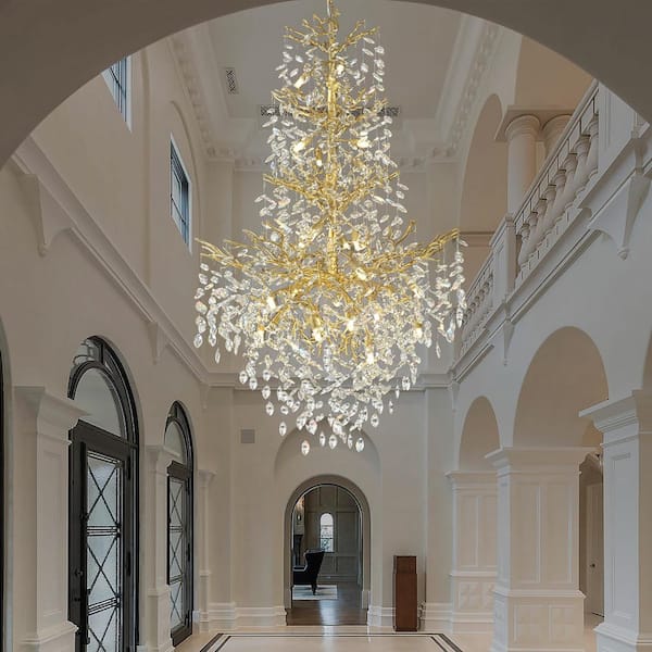 23-Lights 39.3 in. Gold Crystal Tree Branch Shape Chandelier, Large Staircase Chandelier, for Dining Room, Living Room