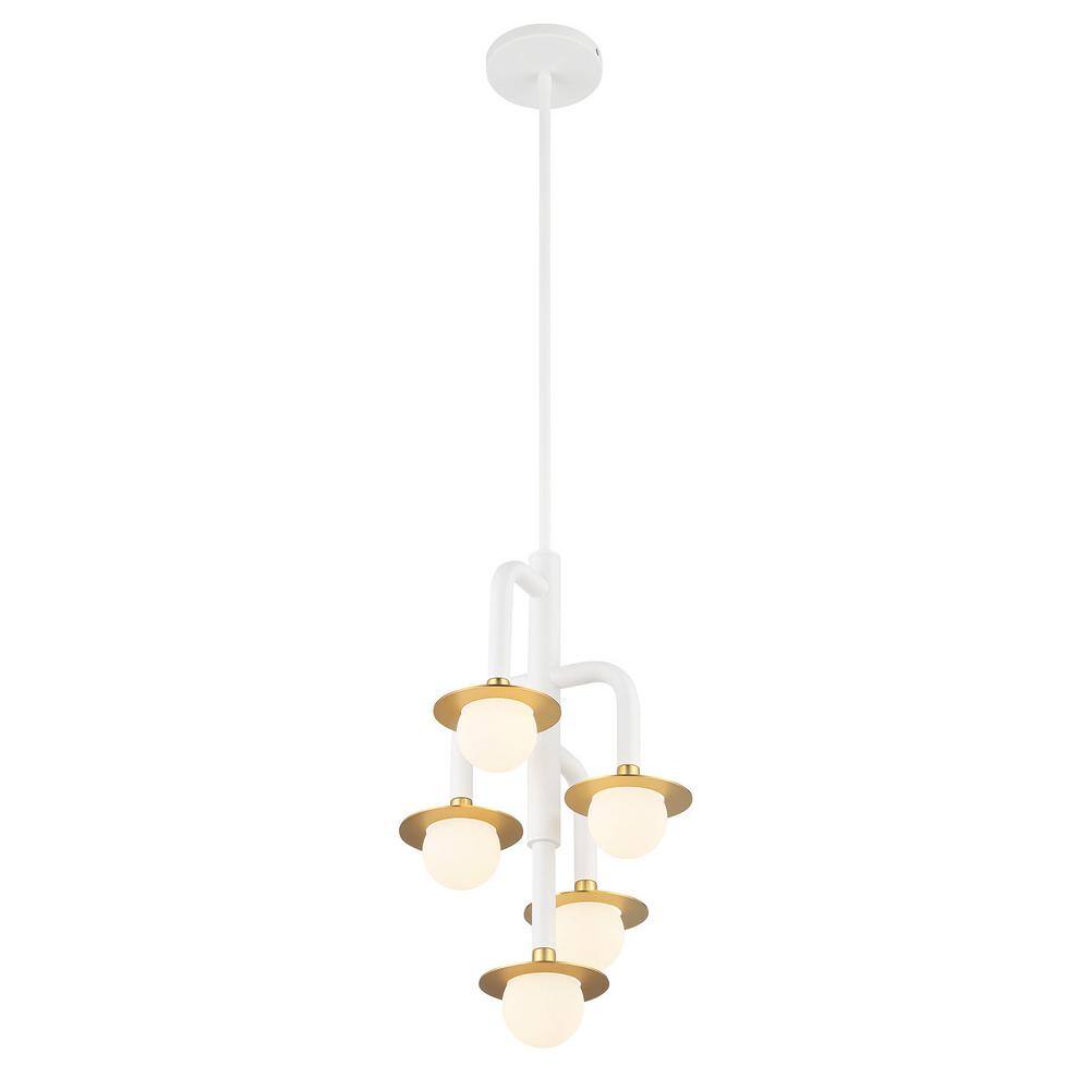 Tubular Matte White and Honey Gold LED Pendant with Etched Opal Glass
