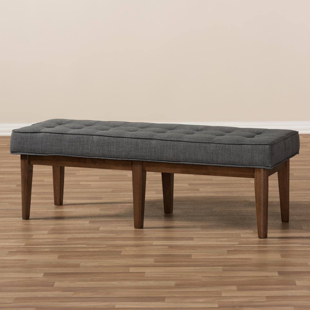 Lucca Mid-Century Button-Tufted Bench in Dark Grey and Walnut