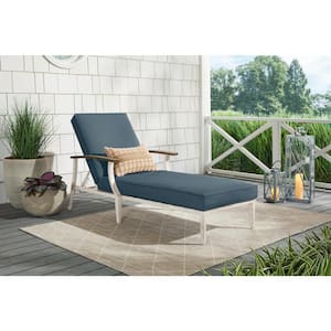 Marina Point White Steel Outdoor Patio Chaise Lounge with Sunbrella Denim Blue Cushions
