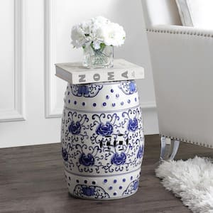 17.8 in. Blue/White Lotus Flower Chinoiserie Ceramic Drum Garden Stool