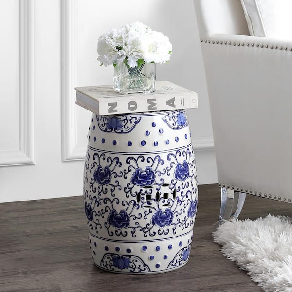 17.8 in. Blue/White Lotus Flower Chinoiserie Ceramic Drum Garden Stool