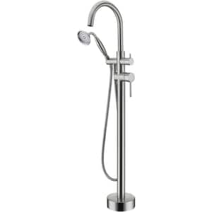 2-Handle Floor Mount Roman Tub Faucet with Hand Shower in Brushed Nickel