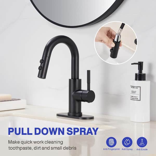 Single Handle High Arc Bathroom Sink Faucet with Pull Out Sprayer and Pop Up Drain in Matte Black