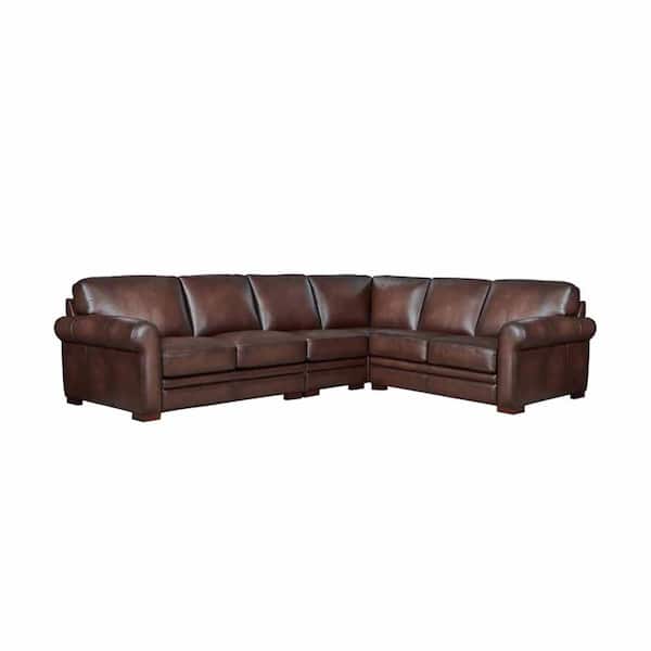 Hydeline Brookfield Sectional 125 in. W Flared Arm 4-Piece Leather L-Shaped Lawson Sectional Sofa in Brown