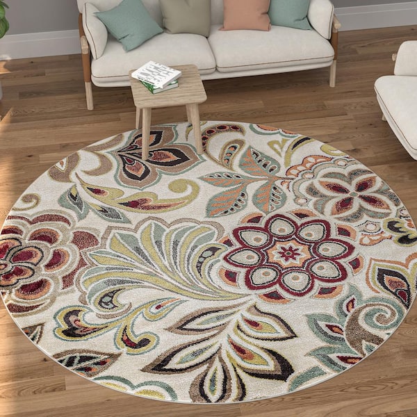 Tayse Rugs Deco Abstract Ivory 6 ft. Round Indoor Area Rug DCO1025