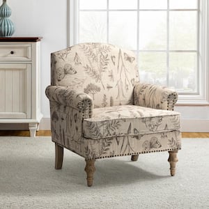 Romain Farmhouse Gray Polyester Arm Chair with Solid Wooden Legs