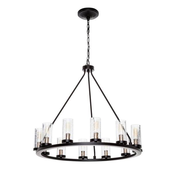 Progress Lighting Hartwell 27 in. 12-Light Antique Bronze Farmhouse Wagon Wheel Chandelier with Clear Seeded Glass and Brass Accents