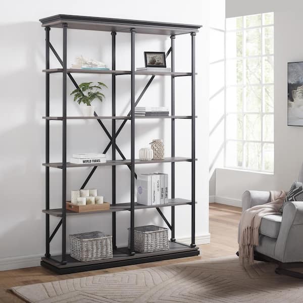 Blue River 58 in. W x 84.25 in. H Antique Gray and Black 5-Shelf Standard Bookcase