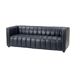 Pachynus 83 in.Wide Square Arm Genuine Leather Rectangle Contemporary Channel-tufted Sofa in Navy