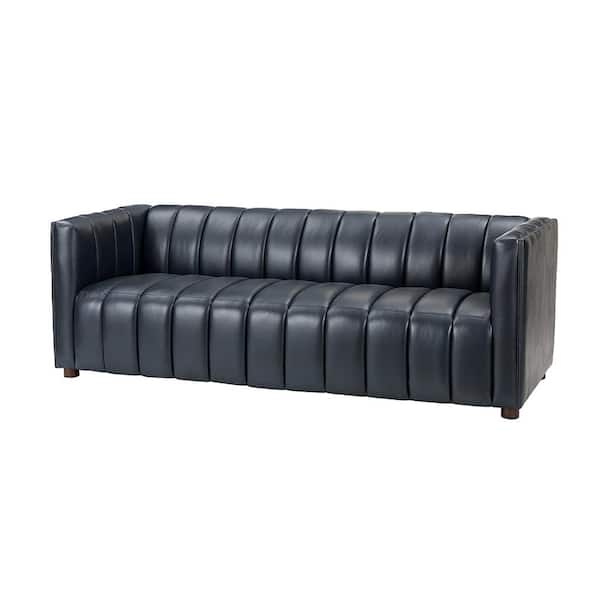 JAYDEN CREATION Pachynus 83 in.Wide Square Arm Genuine Leather Rectangle Contemporary Channel-tufted Sofa in Navy