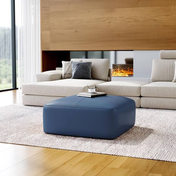 Uixe 35 in. Wide Mid-Century Navy Blue Genuine Leather Square