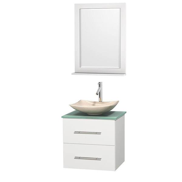 Wyndham Collection Centra 24 in. Vanity in White with Glass Vanity Top in Green, Ivory Marble Sink and 24 in. Mirror