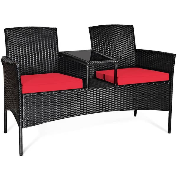 Costway Modern Black 1-Piece Wicker Patio Seating Set with Red Cushions