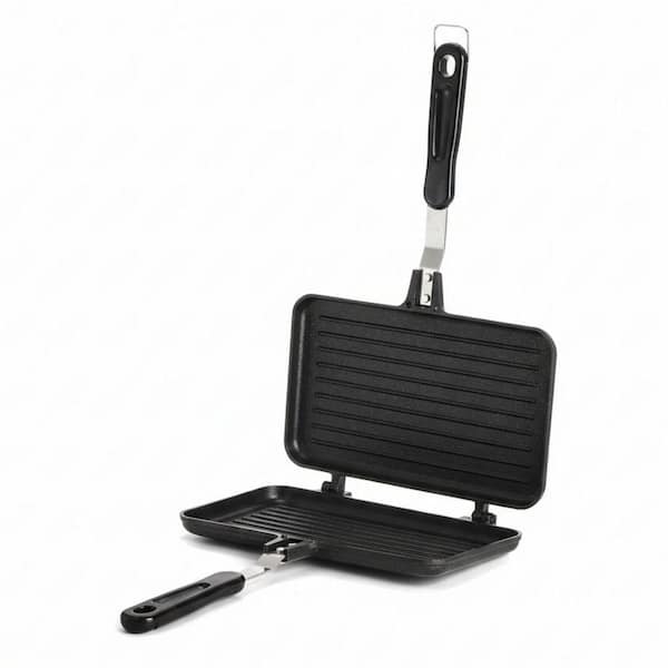 Nonstick Aluminum Grill Panini Maker Flip Pan with Handle, Double-Sided Heating, Indoor Outdoor Camping